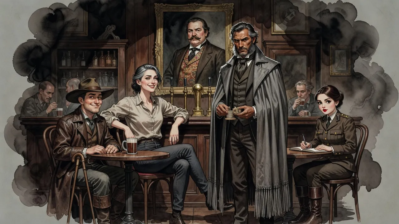 In a gaslit pub under a portrait of a portly gentleman, a man in a duster and a very tall woman laugh over tankards while a man builds a coaster house and a woman takes notes.