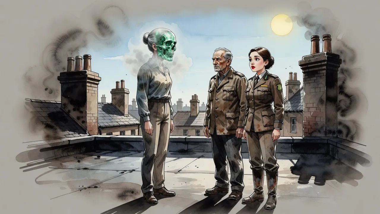 On a rooftop, a very tall woman’s face has turned clear as glass over a green crystal skull while a weathered officer and a young constable stare.