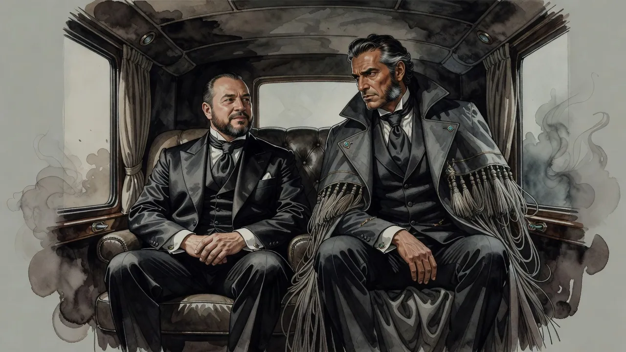 A stocky bearded man in a fine suit sits at ease in a carriage across from a tense man leaning forward on his knees.