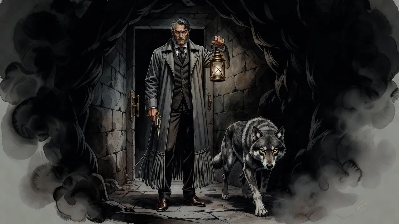 A man holding a lantern in a dark stone corridor faces an enormous mottled grey wolfhound padding out of the blackness ahead.