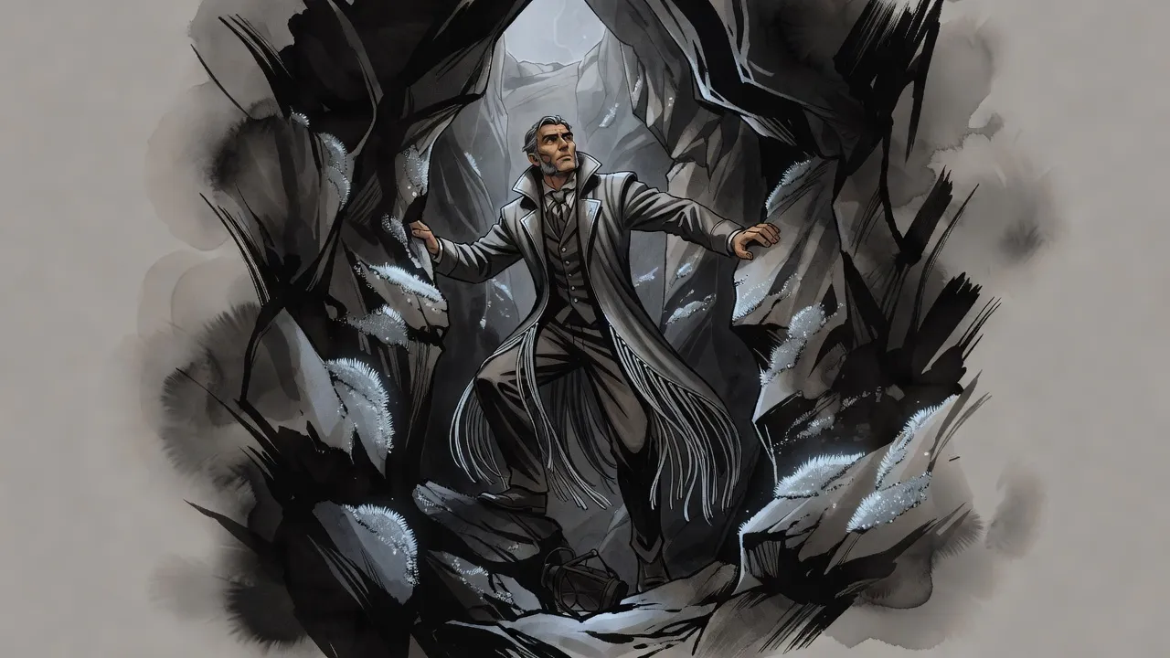 A man climbs a narrow rock crevice lit only by patches of softly glowing blue fungus on the walls.