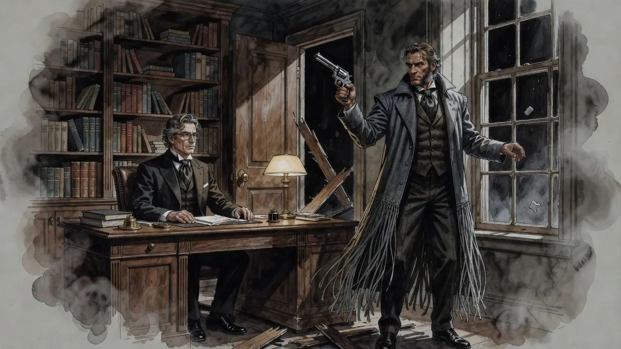 In a lamplit study with a shattered door, a man at a window turns his revolver toward a spectacled man seated calmly at a desk.