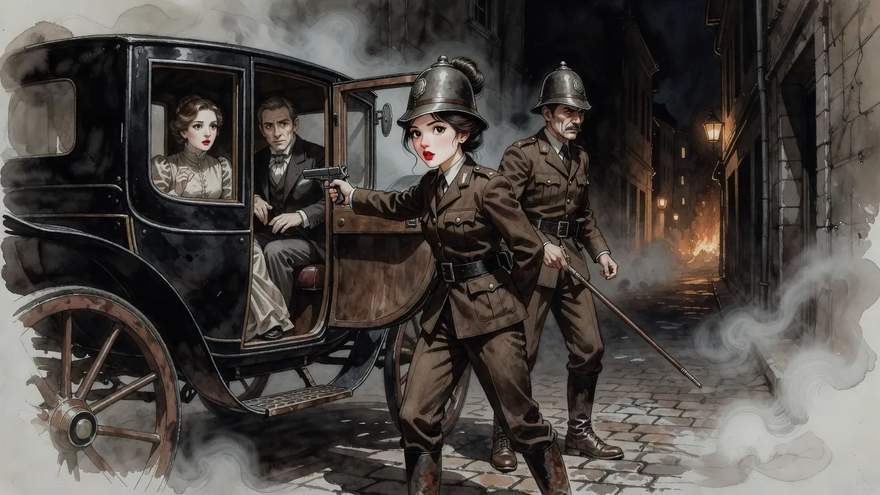In a misty alley, a helmeted constable yanks open a carriage door and levels a pistol at two people inside while a helmeted officer stands behind her with a cane.