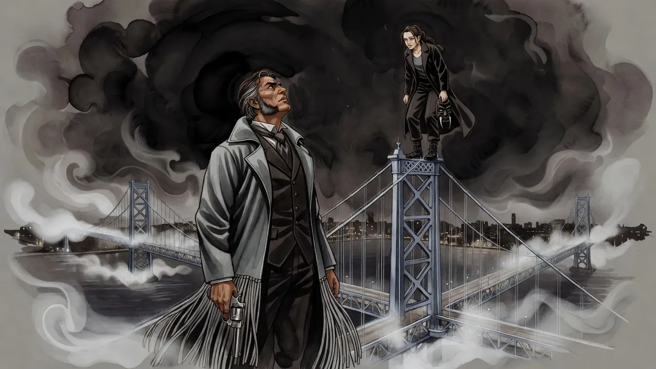 High on a misty suspension bridge at night, a dark-haired woman holding a tusked black mask looks down from a tower at a man with a revolver.