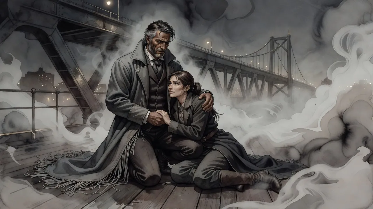 In thick mist on a bridge deck, a grief-stricken man kneels holding a dark-haired woman across his knees.