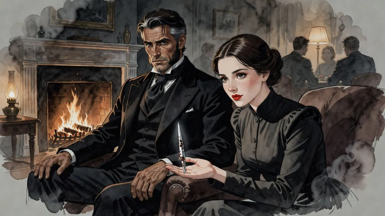 By a fire in a crowded room, a young woman holds out a small silvery spike on her palm to a man slumped in an armchair who does not look at it.