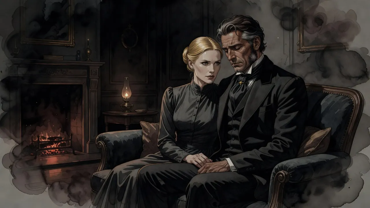 Late at night by a dying fire, a blonde woman sits beside a grieving man, her hand on his, as he rests his head on her shoulder.