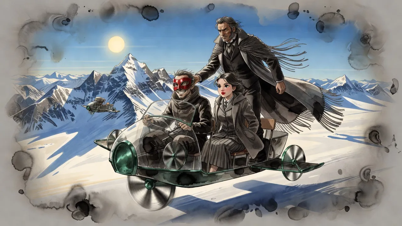A small open flying craft with fan-driven wings skims over snowy mountain peaks under a blue sky, a masked young pilot at the levers and a grey-haired man in a long tasselled coat standing at the windshield.