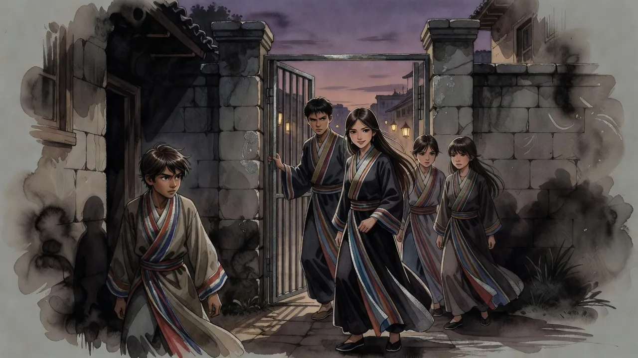 At dusk a long-haired teenage girl leads three other teenagers out through a narrow gate in an old wall while a lanky boy watches from the corner of a building.