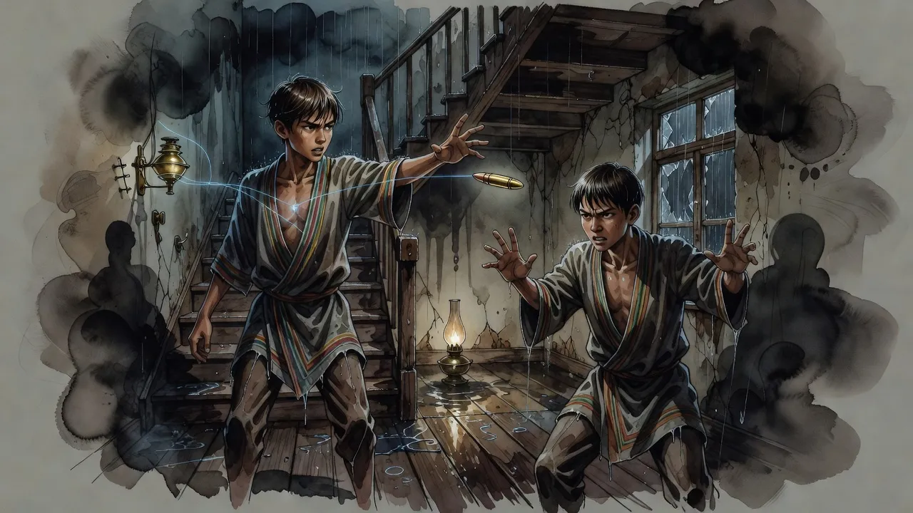 In a dark, rain-lashed stairwell a teenage boy thrusts out his hand toward a bullet hanging in the air while a taller youth across the landing strains against it.