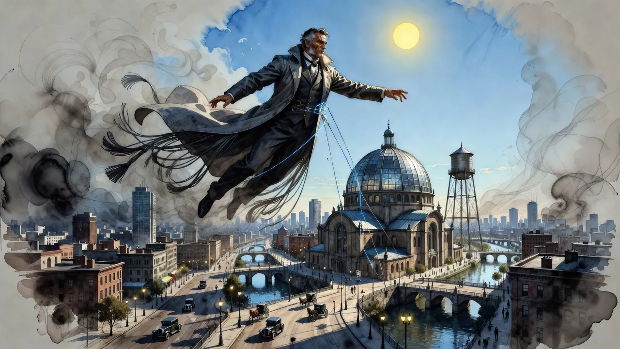 A grey-haired man in a long tasselled coat arcs through a bright morning sky above a modern city toward a church with a glass-and-steel dome and a tall water tower beside it.