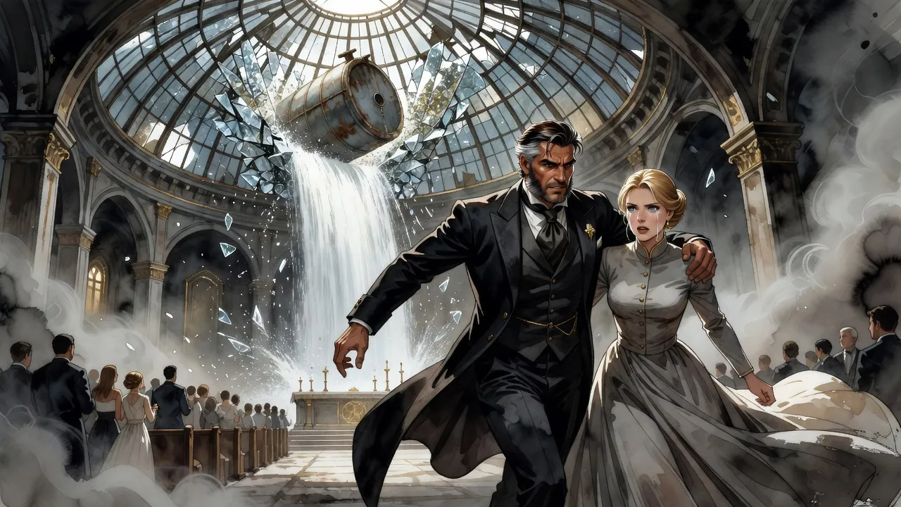 A great water tank crashes through a glass church dome in a burst of shards and falling water while a man at the altar sweeps a blonde woman away in his arms.