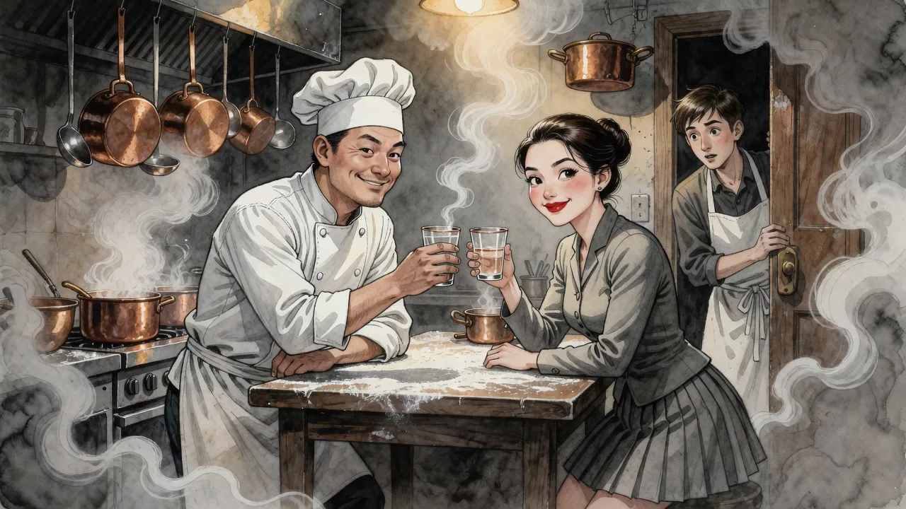 In a steamy restaurant kitchen a grinning man in chef’s whites raises a glass toward a dark-haired young woman with red lipstick, who lifts her own glass with a wry look.