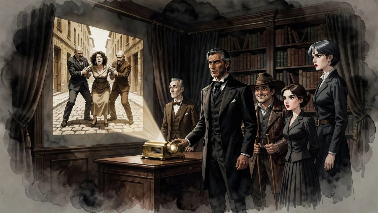 In a darkened study a slender man in a bow tie stands beside a projector while a grey-haired man stares at a photograph of a curly-haired woman cast on the wall.