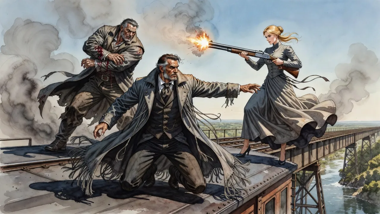 On the roof of a railway car crossing a high bridge, a blonde woman fires an enormous shotgun and is lifted off her feet by the recoil while a huge man staggers back and a man in a long coat struggles up from the roof.