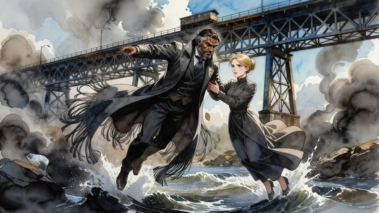 A man in a tasselled coat dives headfirst beneath a railway bridge and catches a blonde woman just above a rushing river.