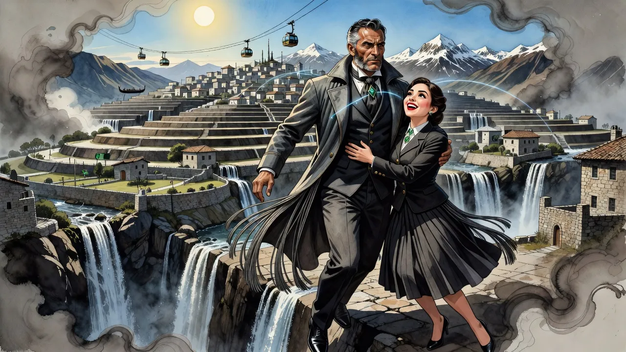A man in a long coat soars up past a waterfall pouring off a stone terrace, holding a dark-haired young woman, with a mountainside city of terraces and gondola cables behind them.