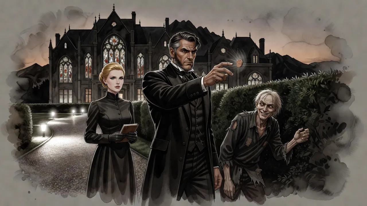 Outside a grand mansion lit by bright limelights, a man in evening dress catches a spinning coin tossed by a scruffy beggar leaning out of a hedge while a blonde woman with a notebook looks on.