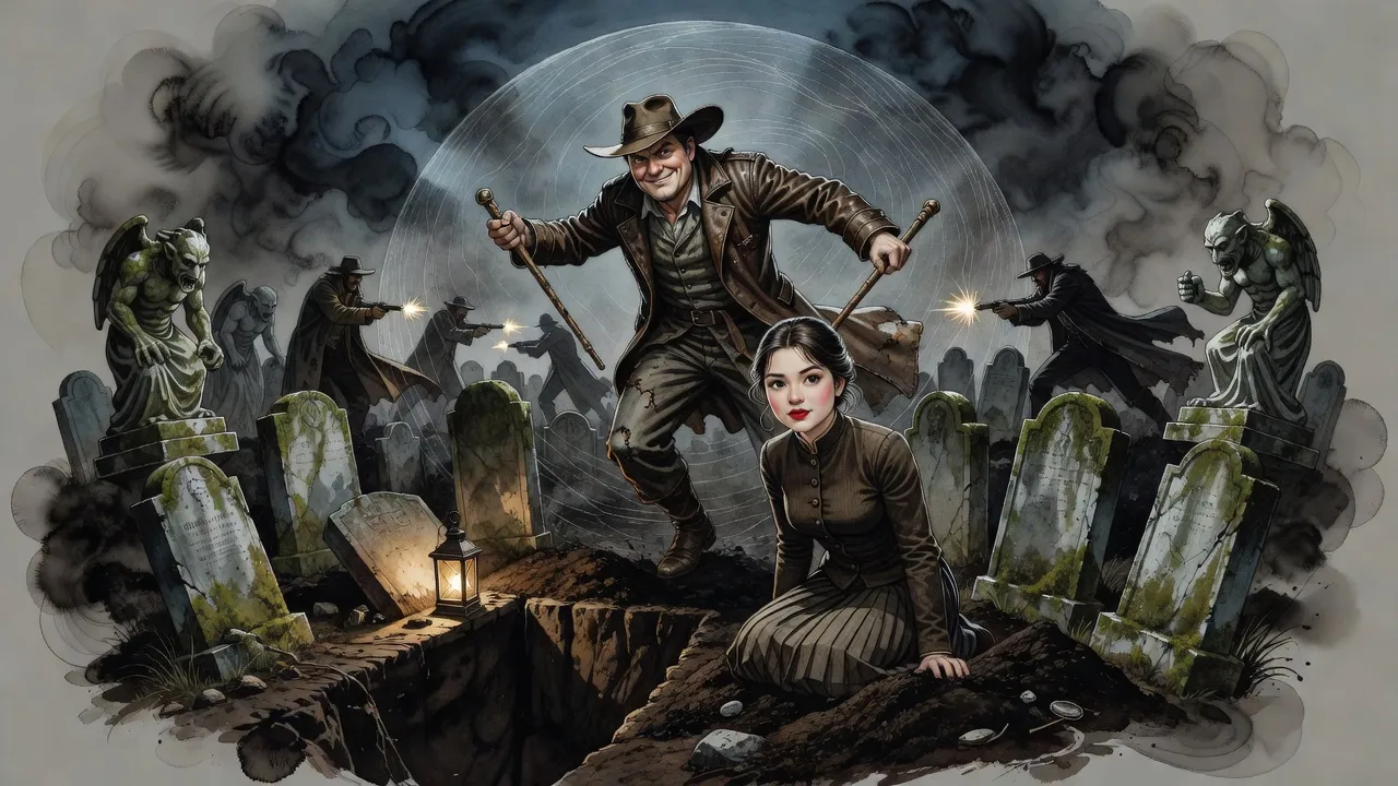 At night in a cemetery of leaning headstones and strange statues, a man with two short canes springs out of an open grave inside a faint shimmering dome while a young woman crouches beside it and gunmen fire from the dark.