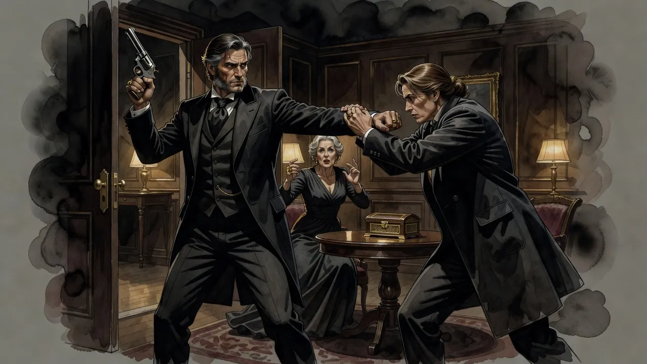 A man with a raised revolver bursts into a lamplit drawing room and stares at a small wooden box on a table, while an older woman in an evening gown recoils and a tall woman lunges for his gun.