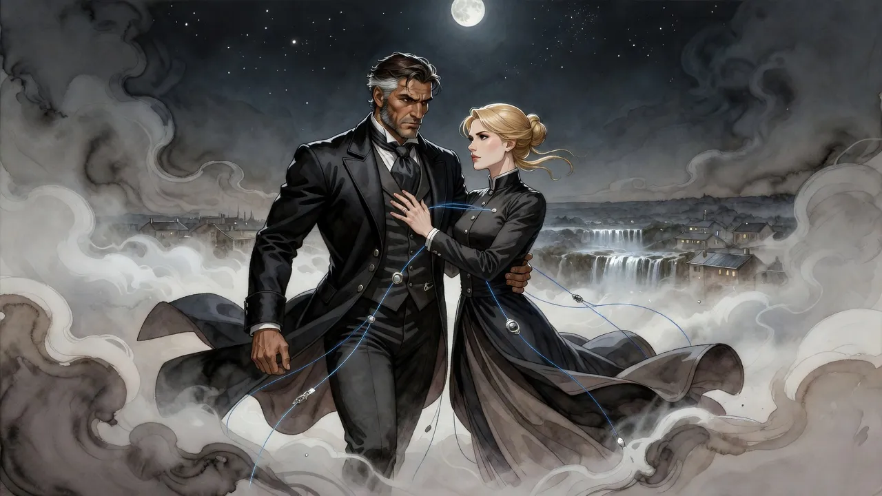 At night a man in evening dress hovers above a sea of white mist holding a blonde woman by the waist, the two of them looking at each other under the stars.