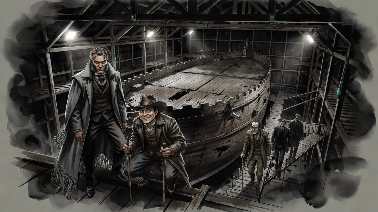 Two men crouch on a catwalk high in the rafters of a vast floodlit hall, looking down at a huge battered wooden ship hull with a flat, battlemented top, while a stooped man with a cane walks below.