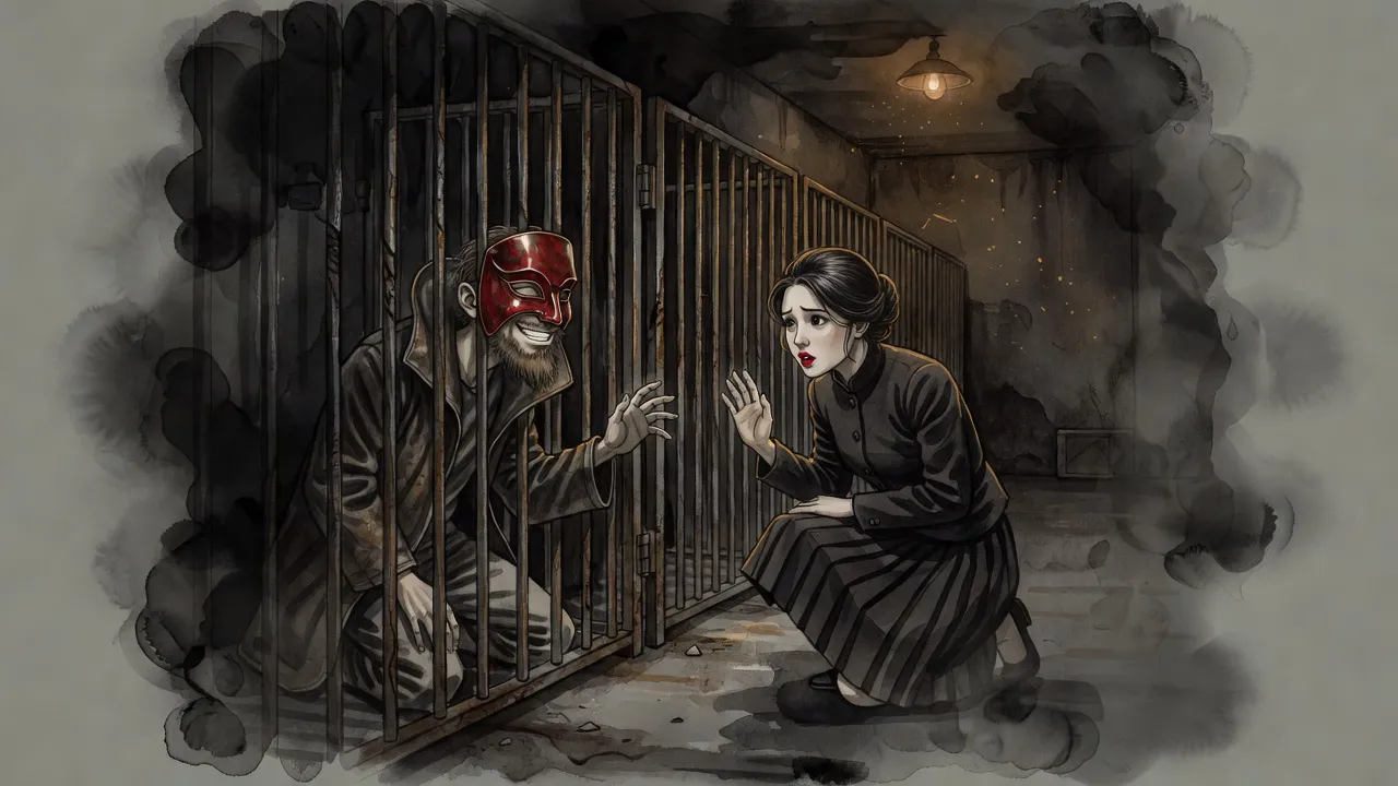 In a dim, filthy storeroom a young woman crouches before a cage in which a masked young man reaches a bare human hand out between the bars.