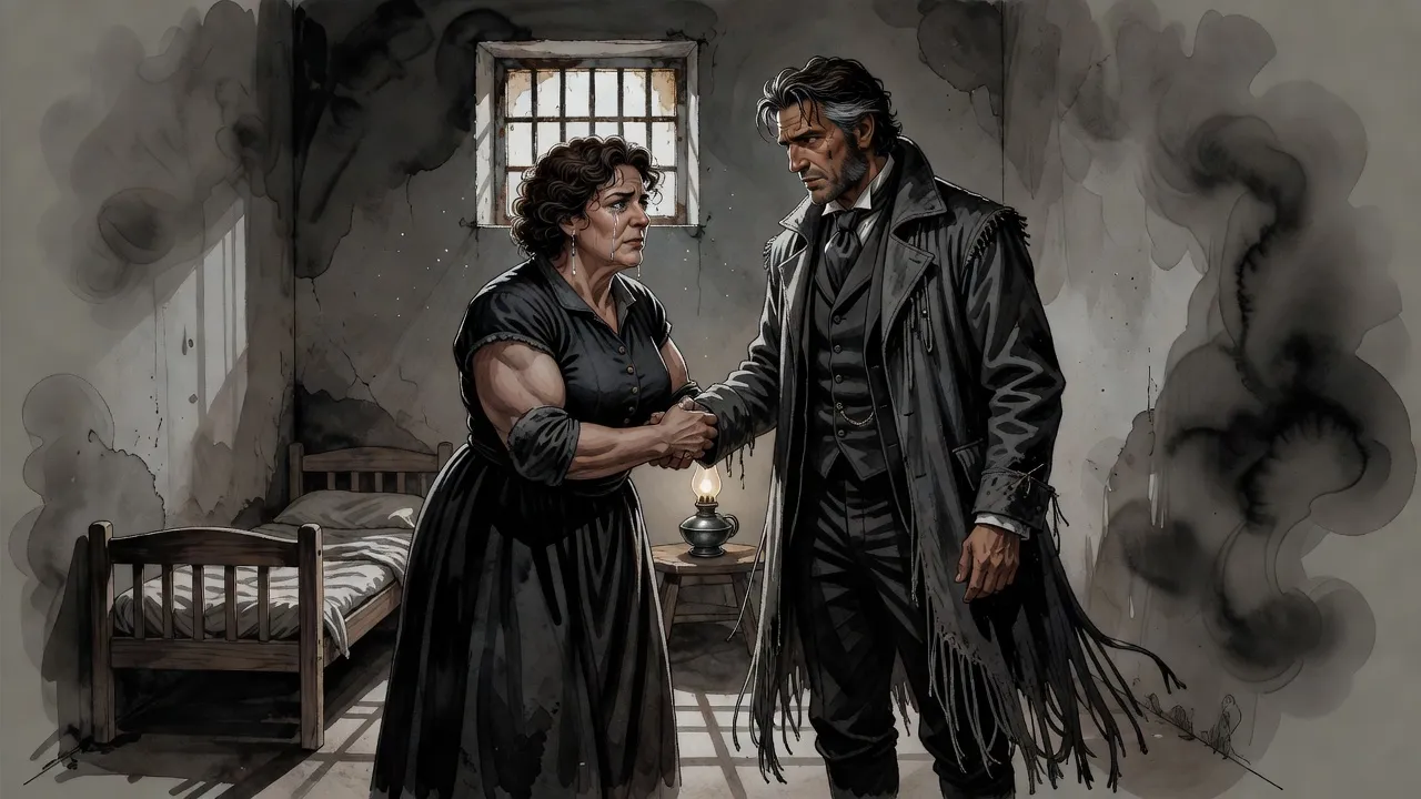 In a bare, lamplit cell a curly-haired middle-aged woman grips a grey-haired man’s forearms, tears on her face, studying him.