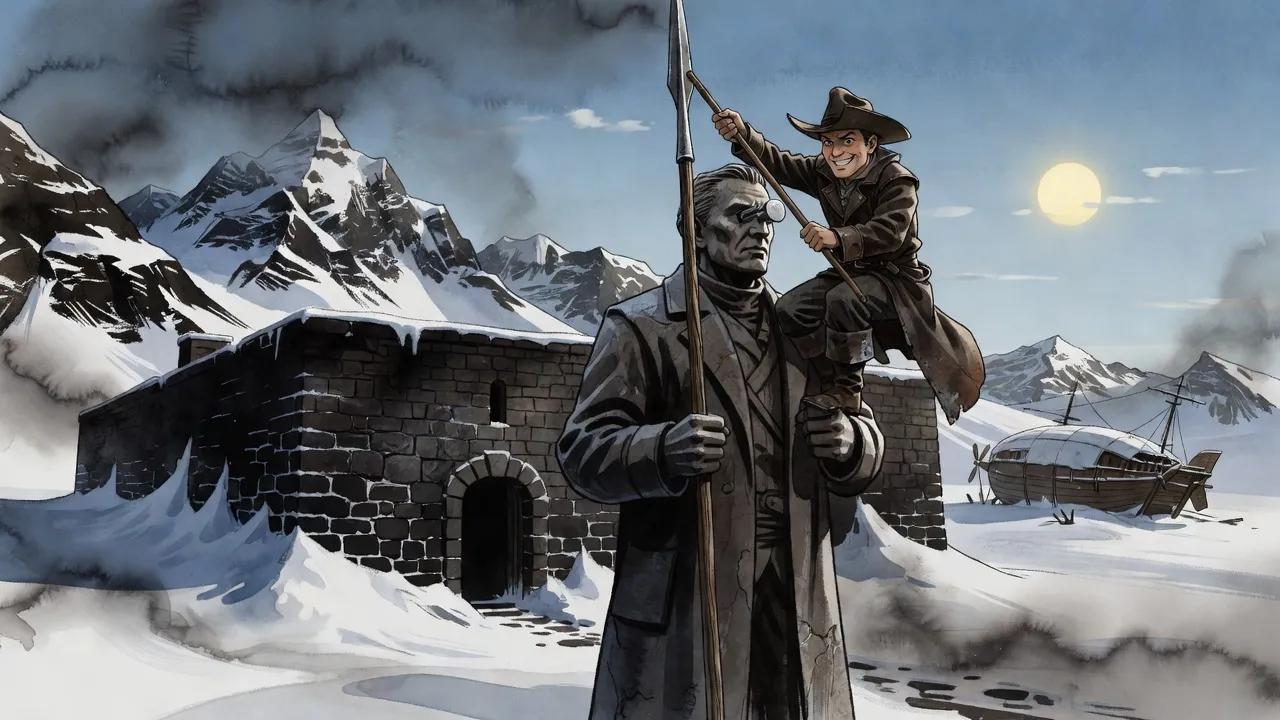 In deep snow before a low stone fortress, a grinning man in a brimmed hat has climbed a weathered statue of a man holding a tall spear and is prying off the metal spearhead, with a large wooden airship lying abandoned in the snow beyond.