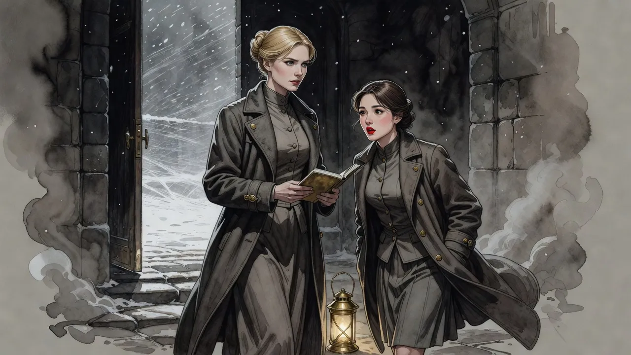 In the stone doorway of a snowbound fortress, a composed blonde woman in a heavy coat holds open a notebook toward a dark-haired young woman whose expression softens into surprise.