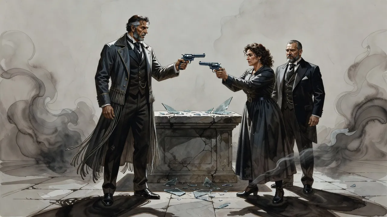 In a bare stone chamber lit by cold white light, a grey-haired man and a curly-haired woman aim revolvers at each other across an empty dais strewn with broken glass, a stocky bearded man in a fine suit behind her.