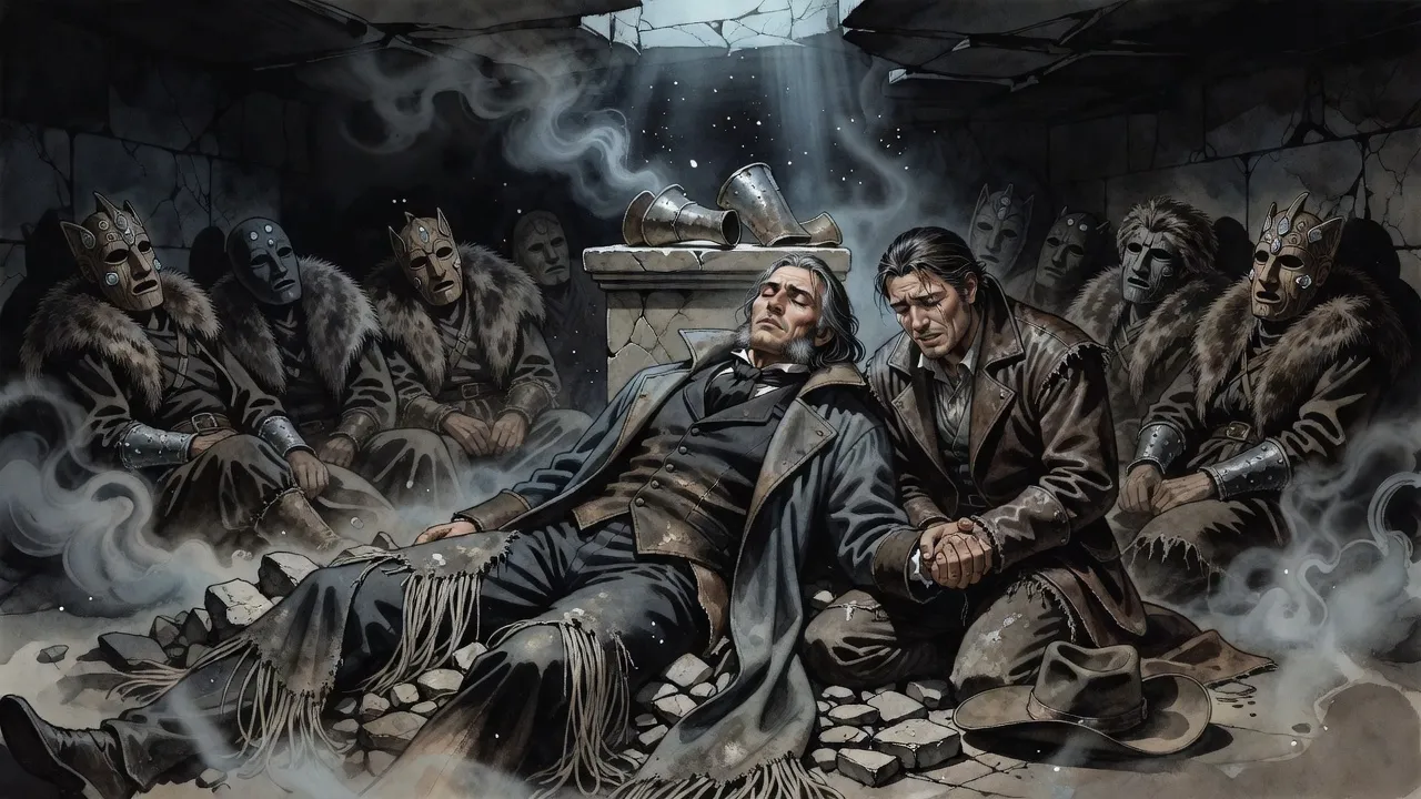 In a dark stone chamber ringed by slumped masked figures, a grey-haired man lies pinned beneath a great fallen slab while a man in a brimmed duster kneels beside him, weeping and gripping his hand.
