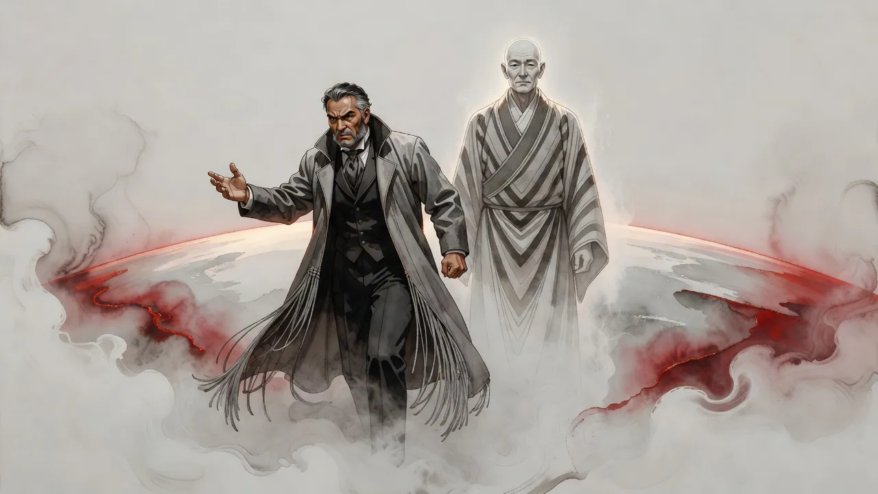 In a boundless pale mist a grey-haired man and a tall, robed, bald figure walk together above the curve of a whole world ringed by a dark red haze.