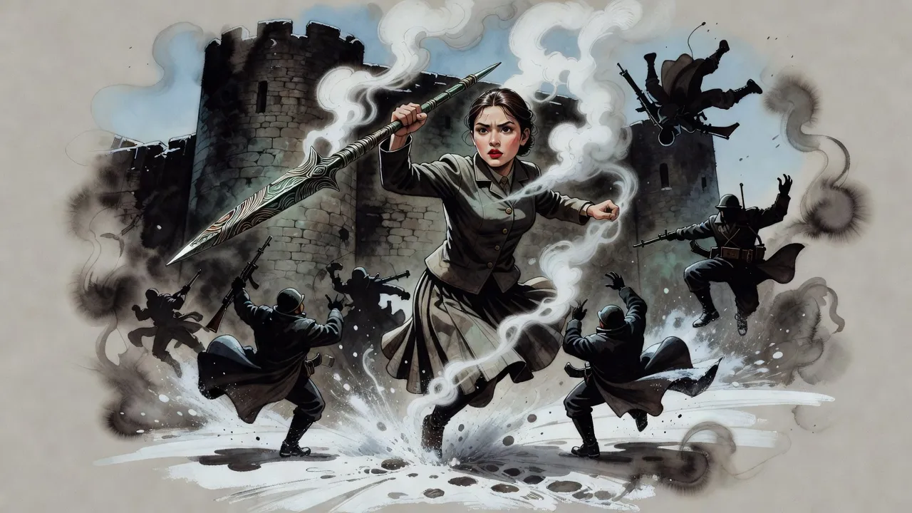 In the snow outside a stone fortress a dark-haired young woman rises into the air gripping a patterned metal spearhead, white mist streaming from her body as soldiers are flung backward around her.