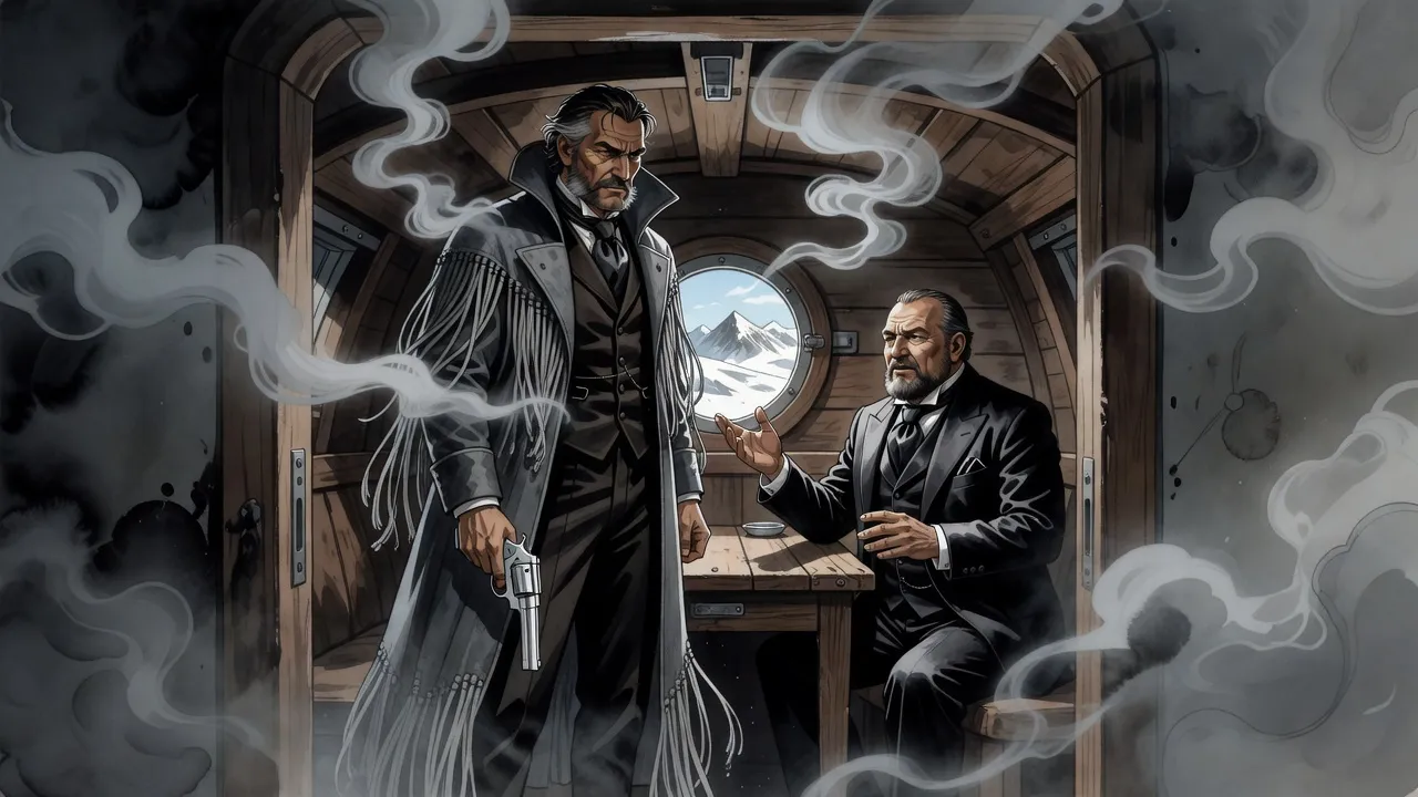 In a cramped wooden cabin aboard an airship, a grey-haired man trailing streamers of white mist stands in the doorway with a pale revolver at his side, facing a stocky bearded man who raises a hand to bargain.