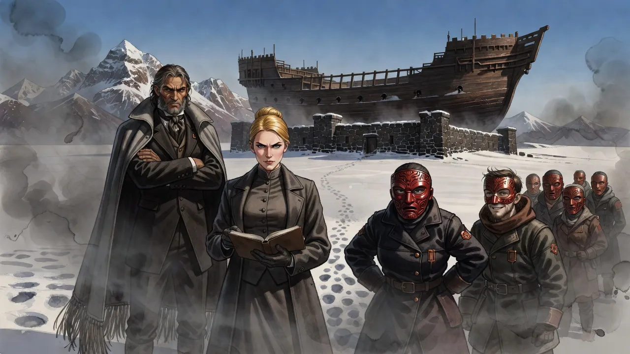 On trampled snow before an airship, a composed blonde woman with a notebook stands between a grey-haired man and a short masked captain, a palm raised to each, while a masked young airman watches.