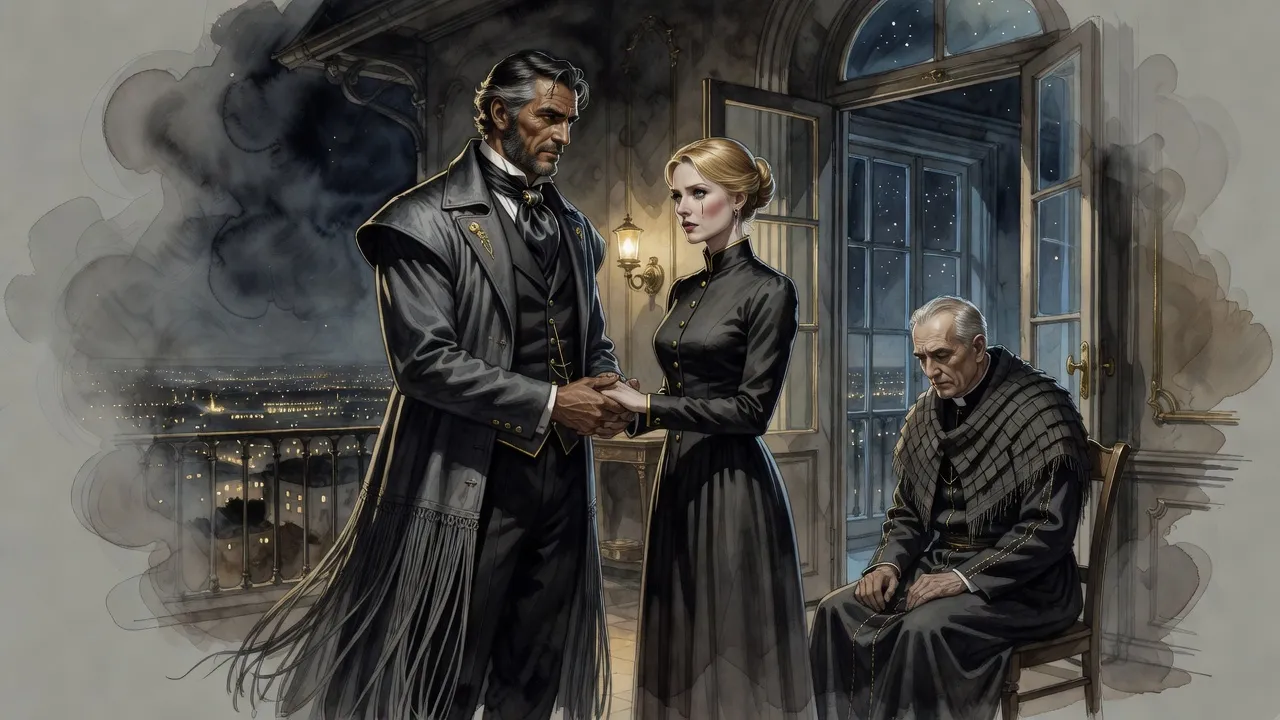 In a penthouse high above a city at night, a grey-haired man holds both hands of a blonde woman while a tired-looking priest in a short shawl waits by the open door.