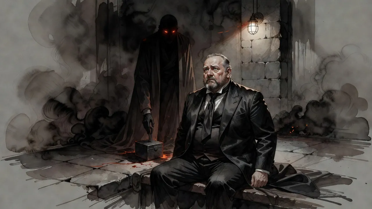 In a bare prison cell a stocky bearded man looks up in dread at a tall figure in a dark coat whose eyes glow red, a small dark box at its feet.