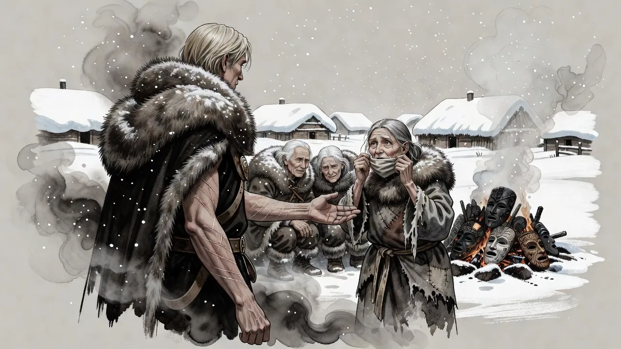 In a freezing village of snow-heavy huts, a tall blond man seen from behind reaches a scarred forearm toward a gaunt elder woman lifting a cloth mask from her face, two other elders huddled behind her.