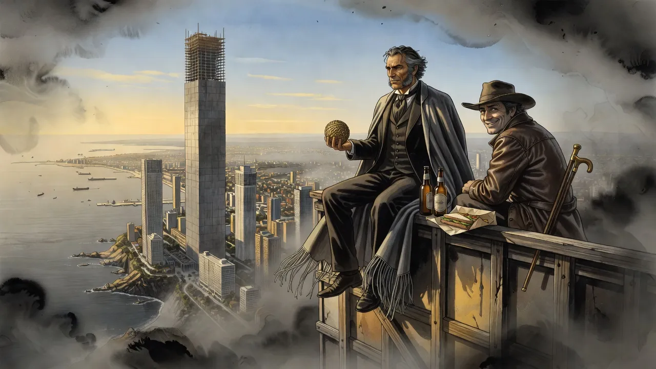 Two men sit on top of a billboard high above a port city, sharing beer and sandwiches, with a towering unfinished skyscraper in the distance.