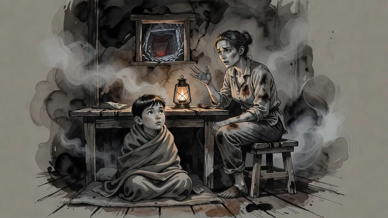 A miner sits on a stool by lantern light telling a story to her young son, who listens from a mat on the floor of a bare one-room house.