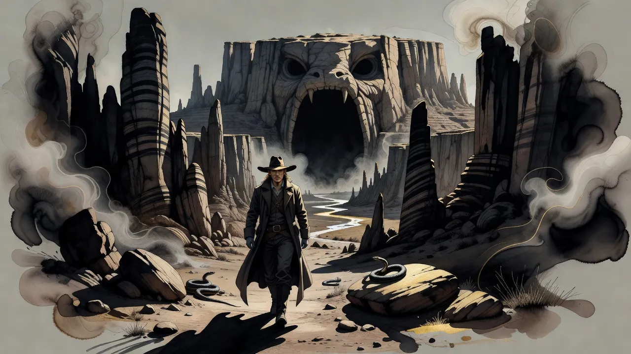 A lone frontier lawman walks through a canyon of rock spires toward the gaping mouth of a giant mesa shaped like a beast.