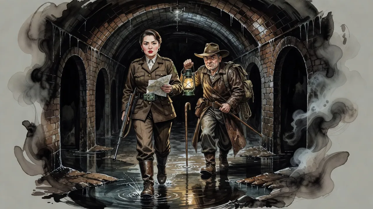 A uniformed woman with a map and a rifle leads a man carrying a lantern through a dripping brick sewer tunnel.