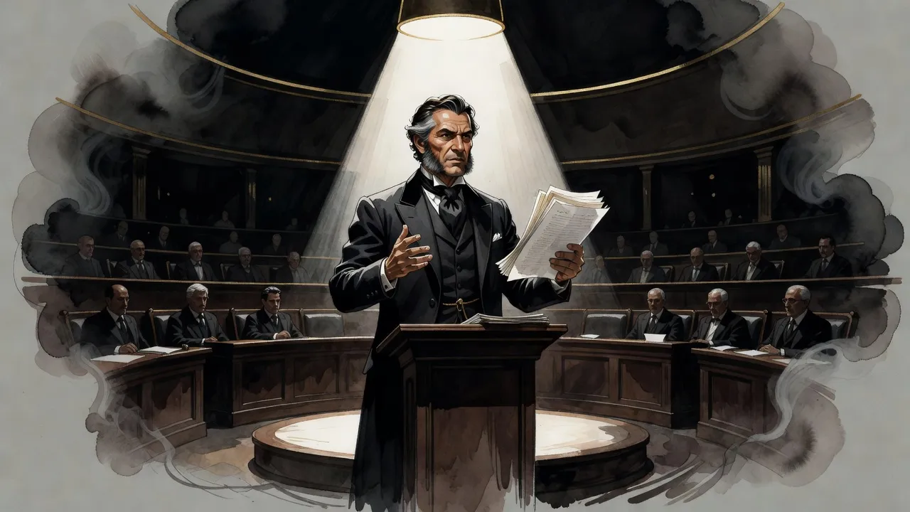 A senator speaks from a podium under a single bright spotlight in a dark circular chamber, holding up a sheaf of letters.