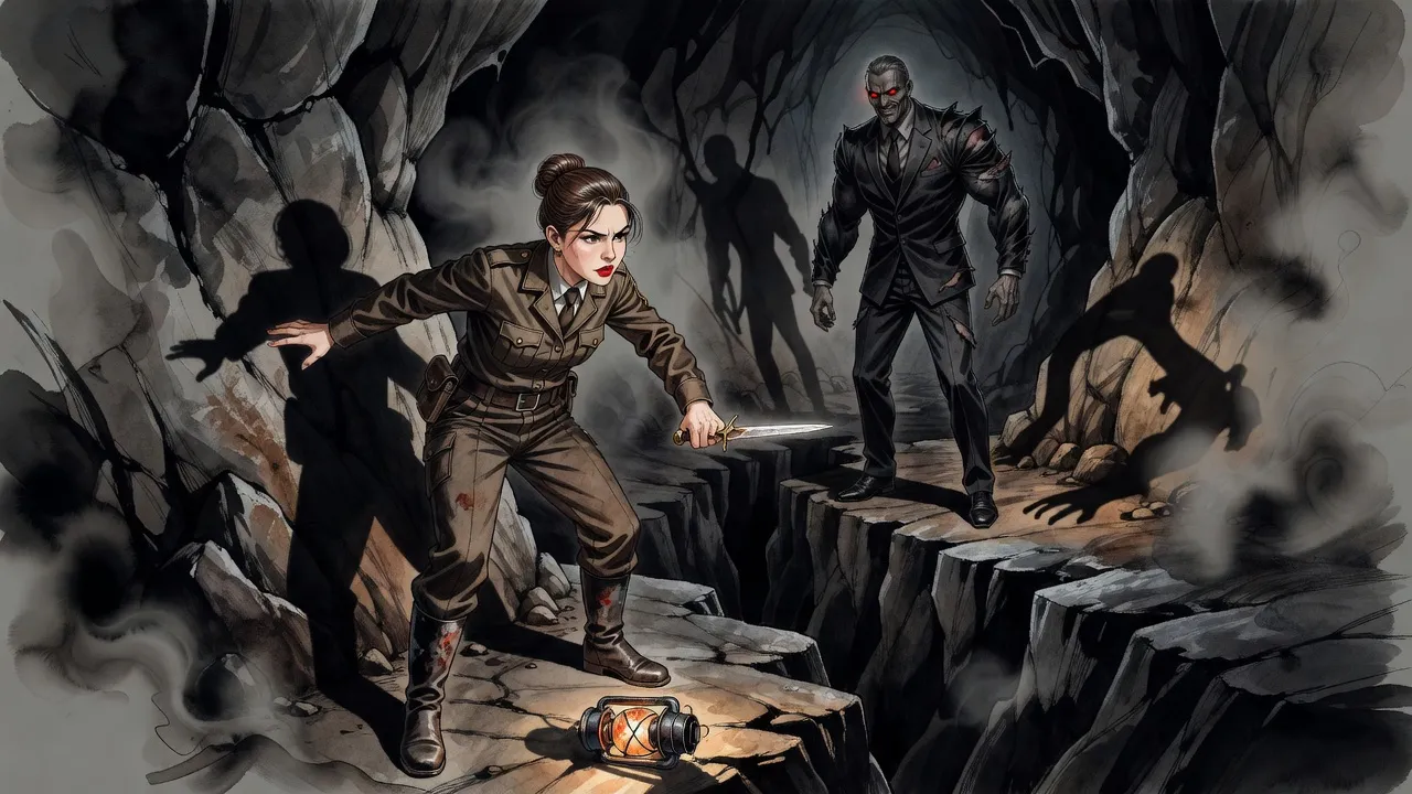 A uniformed woman with a glass dagger faces a hulking man with glowing red eyes across a ravine in a dark cavern.