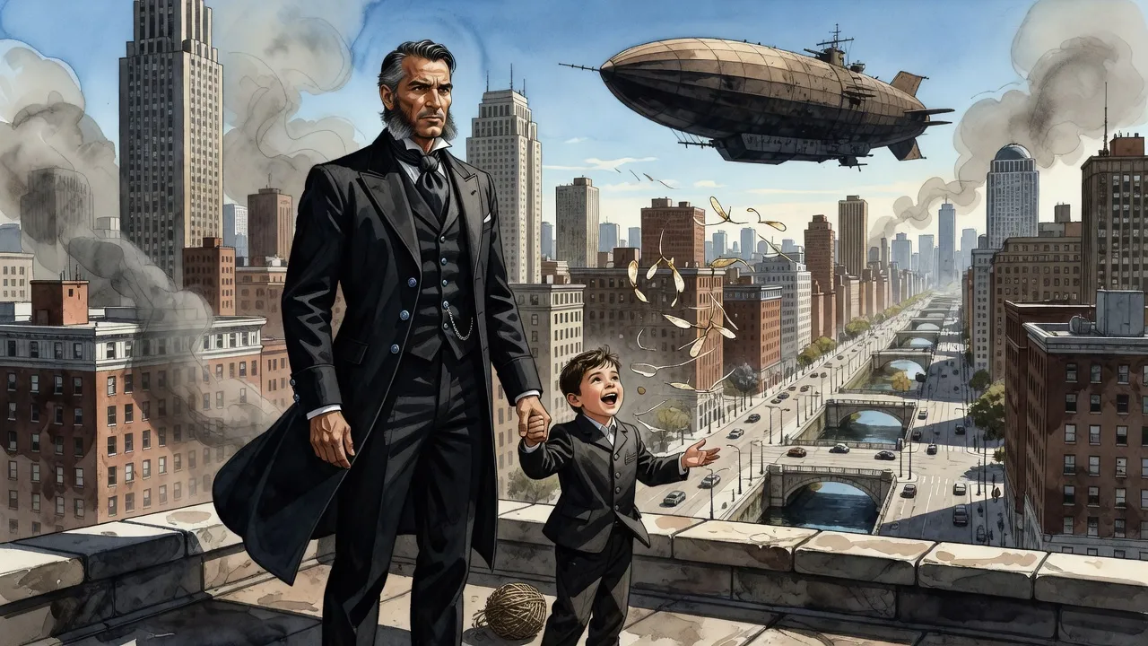 A man in a dark suit holds his small son’s hand on a skyscraper roof while the boy tosses spinning seed pods, an airship hanging in the sky beyond.