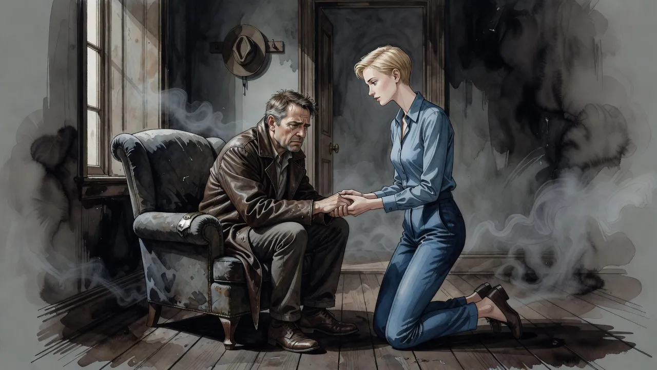 A hatless man sits stunned in an armchair as a very tall woman with cropped blonde hair crouches before him, holding his hand, gentle but resolved.