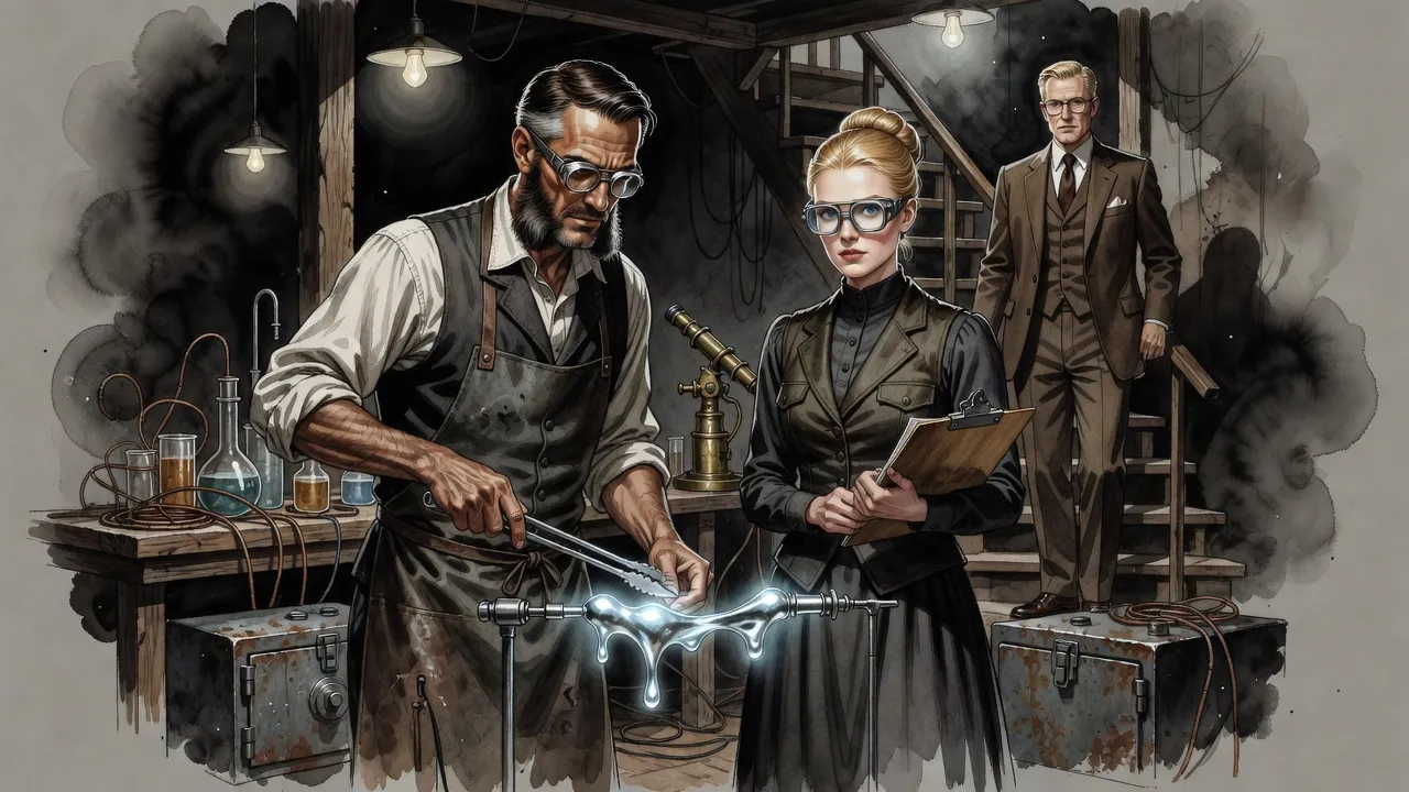 In a cluttered basement lab, a man and a woman in goggles watch a glowing glob of metal stretched between electrodes while a man in spectacles looks on.