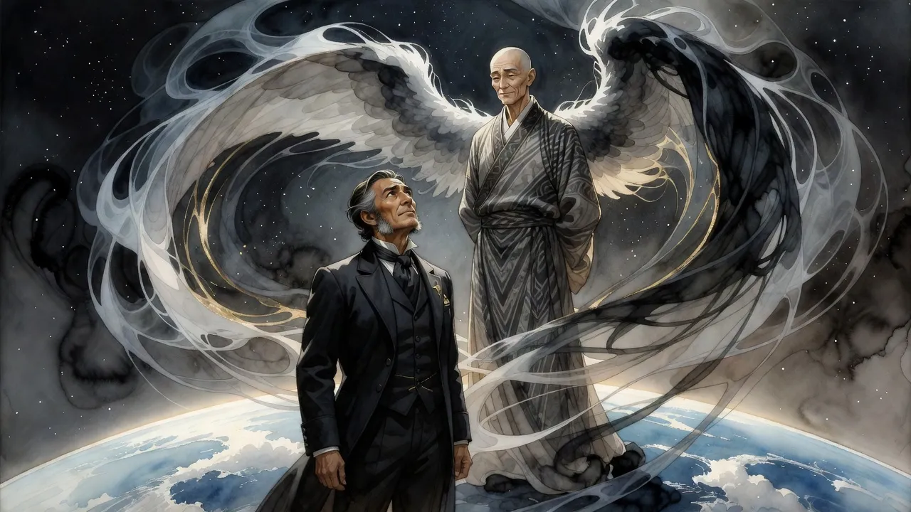 A man stands on an invisible floor in a dark, starry vastness above the world, before a huge serene robed figure whose two vast wings, one white and one black, spin away on either side.