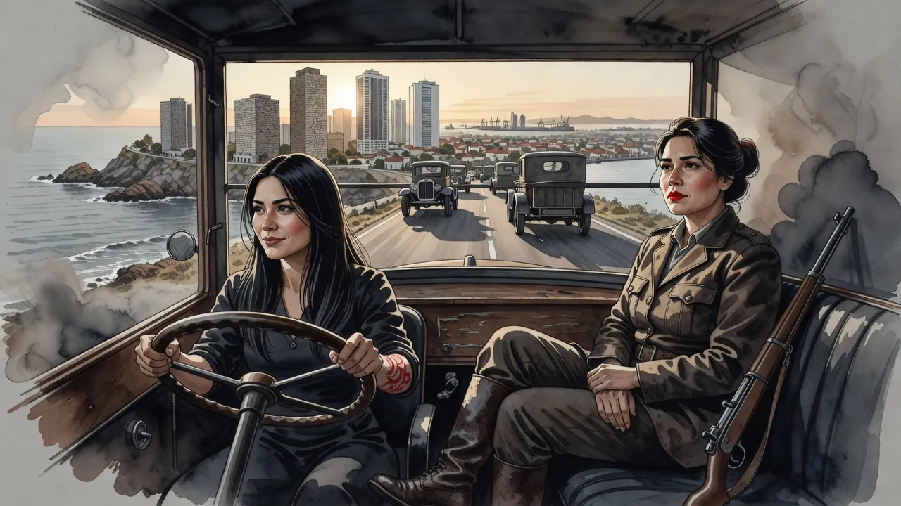 From a truck cab at dawn, a dark-haired woman at the wheel glances at a just-woken woman as a city skyline rises ahead.